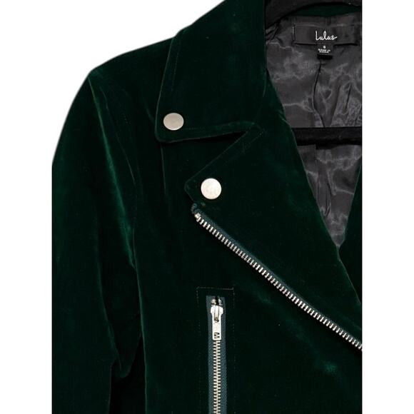 Lulu’s Dark Green Velvet Moto Jacket Zip Up Biker Coat Size Small - Picture 7 of 10